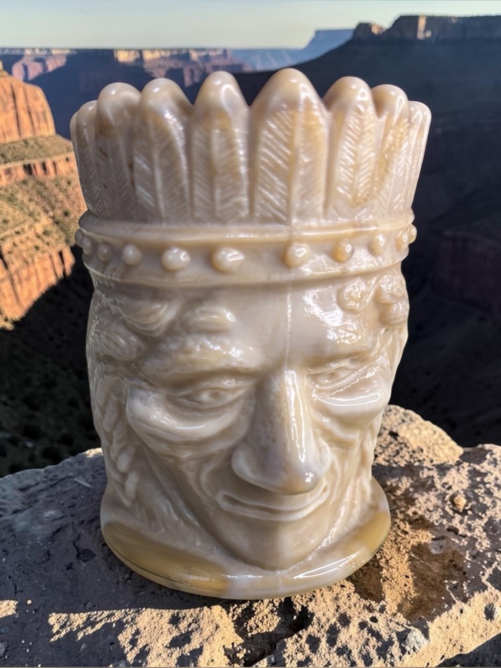 Vintage Signed Joe St Clair Glass Native American Indian Head Toothpick Holder